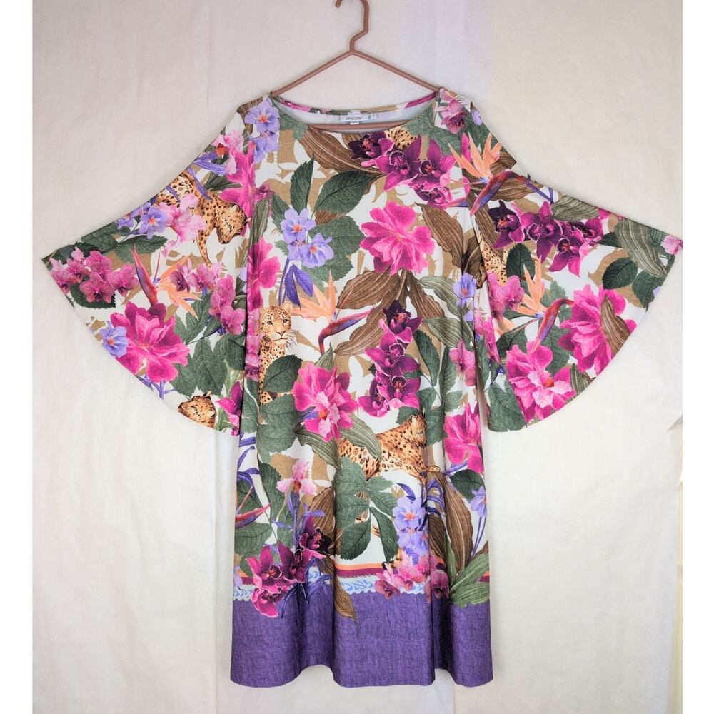 Chicos purple floral cheetah angel sleeve dress Size Large Hippie Boho Retro